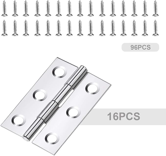 Boao 16 Pieces Small Door Hinges Stainless Steel Folding Butt Hinges Home Furniture Hardware Piano Cabinet Door Hardware with 96 Pieces Stainless Steel Screws(1.75 Inch,Silver)