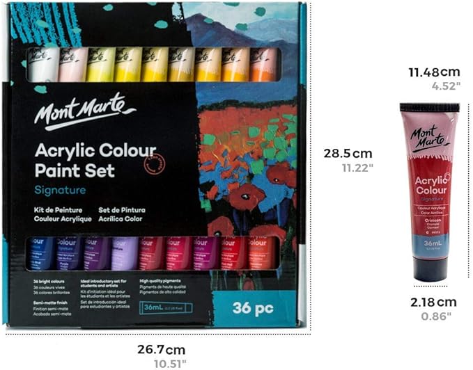 Mont Marte Acrylic Colour Paint Set Signature 36pc x 1.21 US fl.oz (36ml), Acrylic Paint Kit Ideal for Canvas, Wood, Air Dried Clay, Cardboard and More, Great Beginner Acrylic Paint Set, Includes 36 Colors