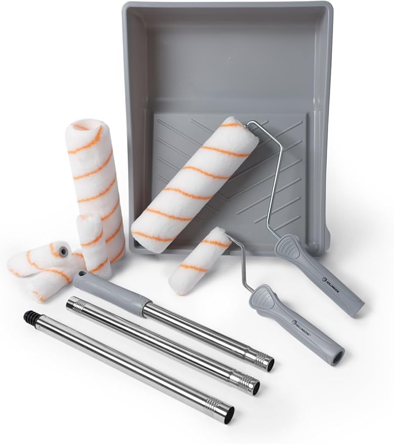 ROLLINGDOG Paint Roller Kit with Extension Pole - 9 Inch Paint Roller with Tray, 4Inch Mini Rollers,Stainless Steel Extension Pole (3ft)