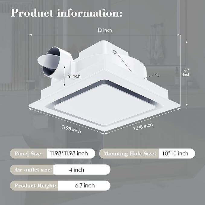 Orsong Bathroom Exhaust Fan 12" Panel Ultra Quiet without Light(10x10 Mount), 130CFM, 4" Duct for Bathroom/Garage/Home