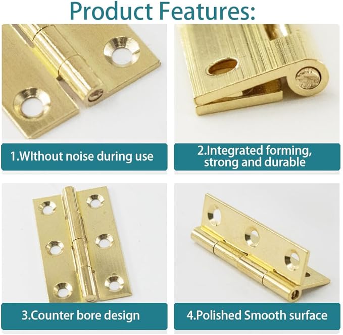 6Pcs 1.5 Inch Butt Hinges, Gold, Classic Style, Brass, Polished