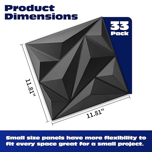 33 Pack 3D Wall Panels Diamond, Black, 12''x12'' | PVC Accent Wall Panels for Interior Wall Decor, Living Room, Lobby Bedroom Hotel Office, Cover 32.Sq.Ft
