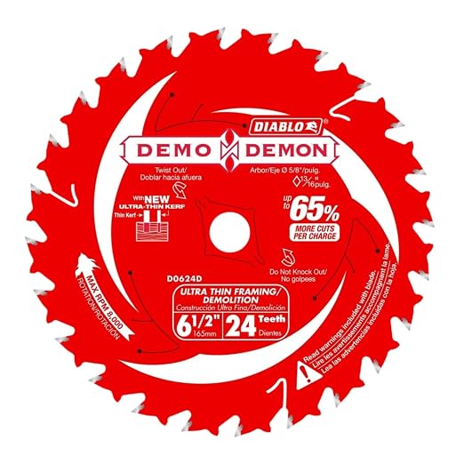 Diablo Teeth Framing Saw Blade with Perma Shield Non-Stick Coating for Wood - 6-1/2" Diameter, 24 PYR Teeth, 5/8" Arbor, 8000 Max RPM - D0624DA