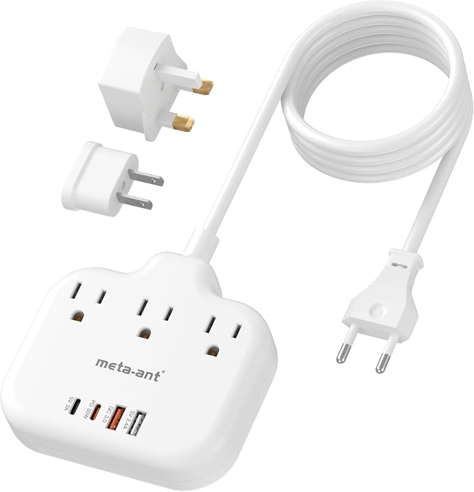 PD30W European Travel Plug Adapter, International Power Strip with 3 Outlets 4 USB Ports(2 USB-C), Universal Travel Adapter with 5ft Extension Cord for EU US UK Europe France Spain