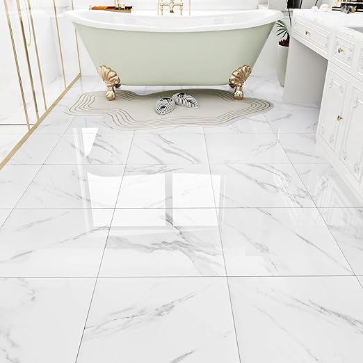 WESTICK White Marble Peel and Stick Floor Tile Bathroom Self Adhesive Floor Tiles Peel and Stick Waterproof Kitchen Flooring Tiles Removable Marble Tile for Bedroom Living Room Camper 5 Pcs 12" x 12"