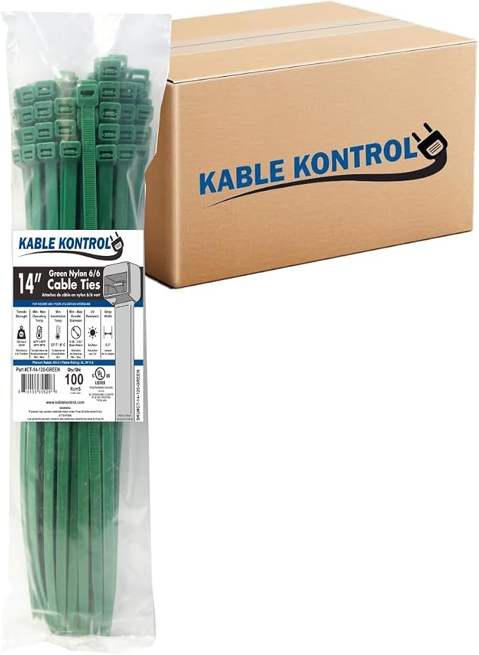 Kable Kontrol Cable Zip Ties, 14 Inch, 3500 Pcs, HD 120lbs Test, Green | Nylon Plastic, Self Locking, UL Listed, Indoor Use