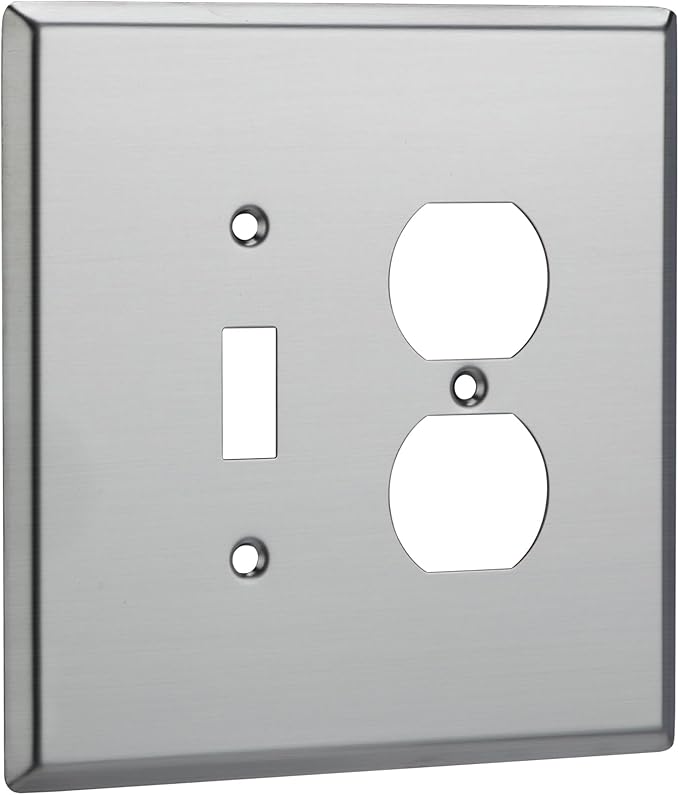 Bates- 2-Gang Combination Wall Plate, 5.5"x 5.5"/Over-Size, Silver, Stainless Steel Toggle Light Switch/Duplex Receptacle Outlet, 2 Gang Wall Plate for Electrical Outlets, Double Outlet Cover Plate