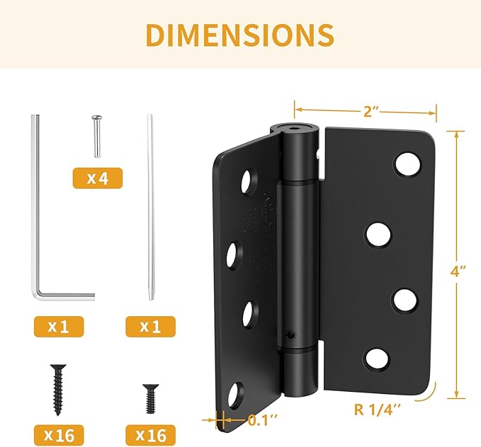 Luxbaro 2 Pack Self Closing Door Hinges 4 Inch, Matte Black Spring Loaded Hinges with 1/4'' Radius Corners, Adjustable Tension for Garage, Front Door, for Left and Right Hand Door, UL Listed