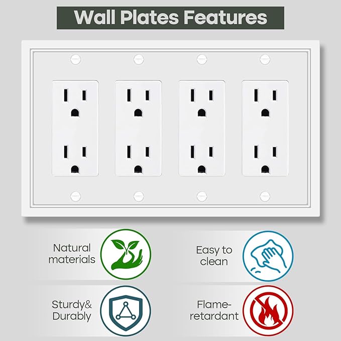 Light Switch Cover Plate White Classic Decorative Switch Plates Cover Bamboo Fiber Wall Plate Cover for Decorator, Duplex, Toggle, Combo(4-Gang Quad Decorator,1 Pack), NF010