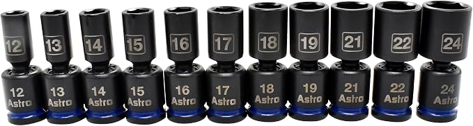 Astro Tools 78244M 11pc 1/2" Drive Mid-Length Pinless Universal Impact Sockets - Metric