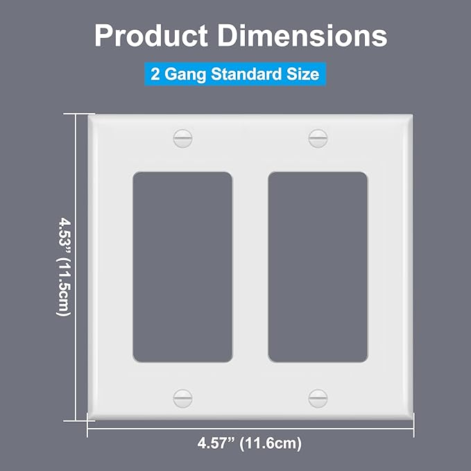 [10 Pack] BESTTEN Decorator Wall Plate, 2 Gang Standard Size Outlet Cover for GFCI and USB Receptacles, H4.53” x W4.57”, Unbreakable Polycarbonate Material, UL Listed, White