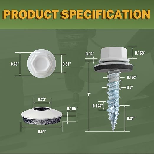 LIONMAX 500-PCS Metal Roofing Screws #10 x 1 Inch, White Painted Hex Head Sheet Metal Roof Screws, Rubber Washer, Sharp Point, Metal to Wood Siding Screws, Hex Socket Included