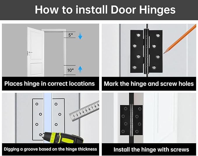6 Packs of Square 4x3-inch Black Stainless Steel 3MM Thickened Door Hinges, Bearing Door Hinges, Window Hinges, Indoor and Outdoor Hinges with Screws