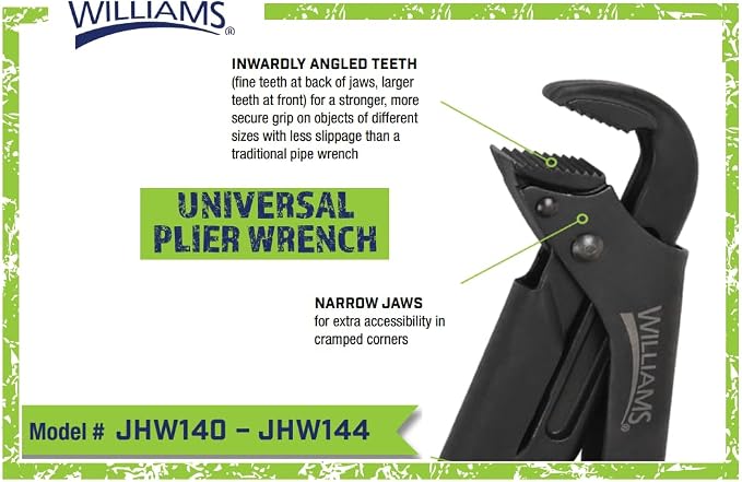 Williams JHW142 Universal Pipe Wrench, 14-1/2" Overall Length with a Maximum Jaw Opening of 2-1/16"