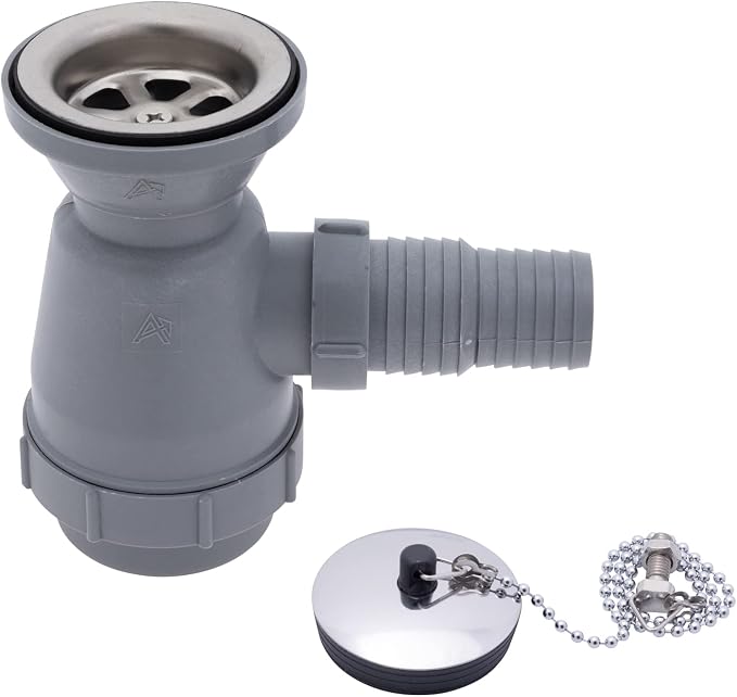 Ambassador Marine - 2 inch Drain, Trap Sink Drain, 1-1/4 inch & 1-1/2 inch Hose Barb, w/Chain Stopper - Brushed Finish - S00-0109-BP-W