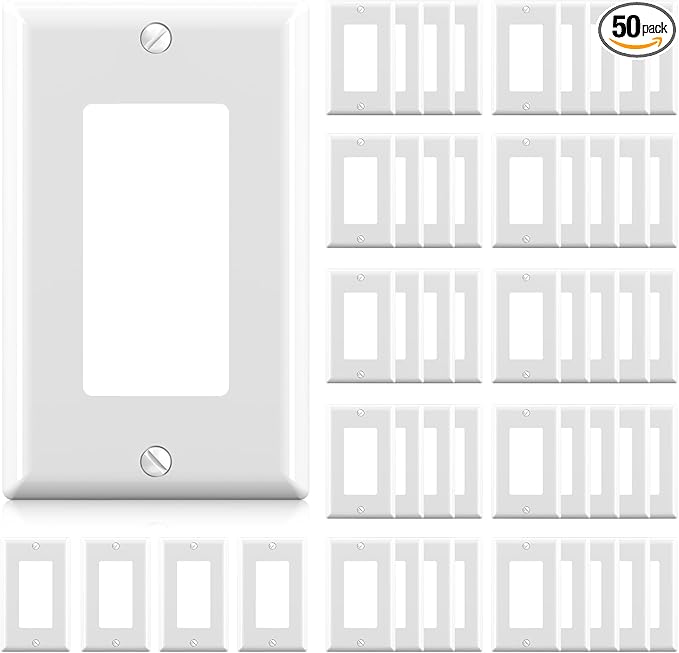 ELEGRP Decorative Receptacle Wall Plate, 1-Gang Standard Size Decorator Covers, Unbreakable Polycarbonate Faceplates for Decorator Device, UL Listed, Screws Included (50 Pack, Glossy White)