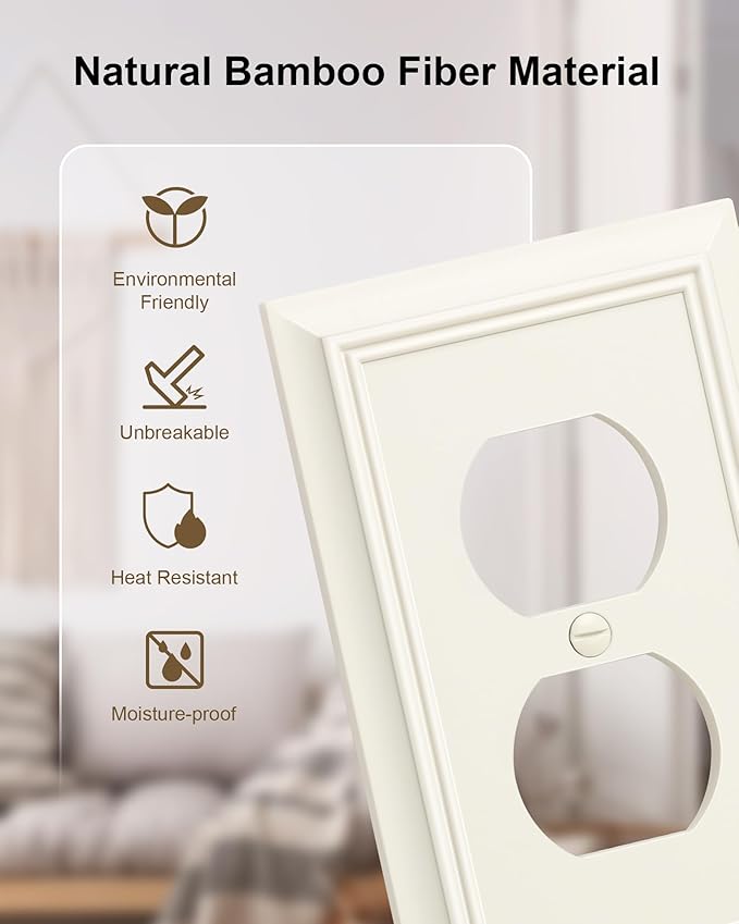 6-Pack Duplex Outlet Cover Plate, Decorative Light Almond Switch Plates and Outlet Covers, Natural Bamboo Fiber Wall Plates for Electrical Outlets, 1 Gang Receptacle Cover, Corrosion Resistant