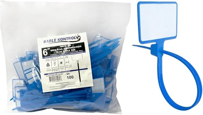 Kable Kontrol Write-On Flag Identification Zip Ties, 6 Inch 100 Pcs - Blue | Cable Markers 1‑7/8" x 1‑1/8" Writable Wide Flag Self‑Locking Nylon Marker Cable Ties for Cable Labeling