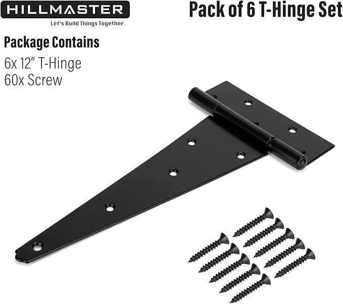 HILLMASTER 12 Inch T-Strap Heavy Duty Shed Door Hinges Gate Strap Hinges Black Tee Hinge Wrought Hardware for Wooden Fences,Yard,Barn Door,Rustproof (6 Pack)