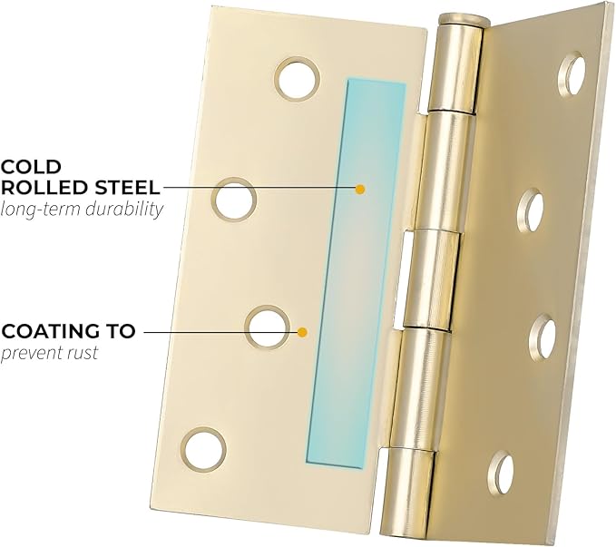 goldenwarm Pack of 3 4in Door Hinges Brushed Brass Gold Door Hinges Butt Hinges with Square Corners, Interior Door Hardware