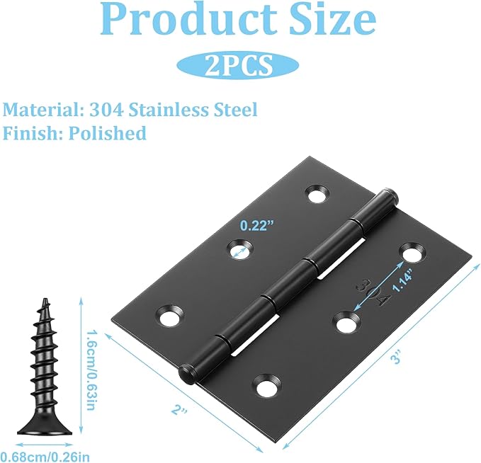 2 Pcs 3" Stainless Door Hinges,Stainless Steel Folding Butt Hinge Door Hinges with 12pcs Screws for Doors Wooden Boxes Windows (Black)