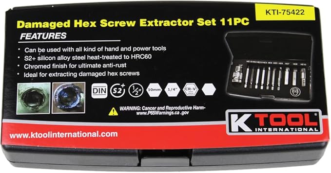 K Tool International 75422 Hex Screw Extractor Set for Garages, Repair Shops and DIY, Silicon Alloy Steel, Heat-treated, Chrome-plated, (3) 1/4", (3) 10mm, (1) 1/2" Drives, Damaged Screws, Molded Case