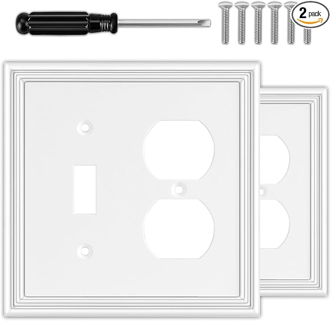 White Decorative Combination Light Switch Covers Wall Plate, Natural Material Switch Plate Outlet Covers - Modern Style (2 Gang Toggle/Duplex 2 Pack)