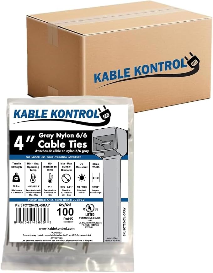Kable Kontrol Cable Zip Ties, 4 Inch, 40000 Pcs, 18lbs Test, Gray | Nylon Plastic, Self Locking, UL Listed, Indoor Use