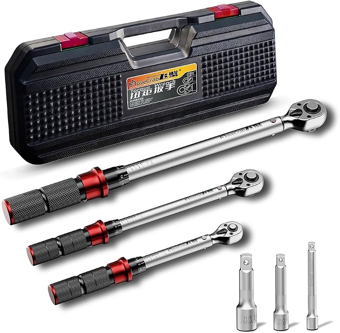 6-Piece Click Torque Wrench Set, 1/4", 3/8" & 1/2" Drive, ±3% | 4-20, 5-45, 15-165 Ft.lb Dual-Direction Torque Wrenches, 72-Tooth Ratchet with Extension Bars for Bicycle, Motorcycle & Auto