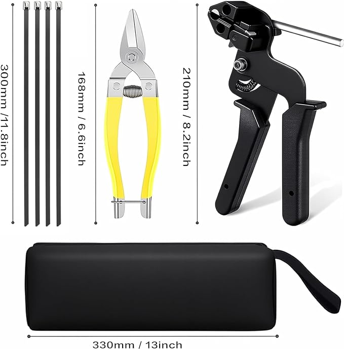 Stainless Steel Cable Tie Gun Kit, 100pcs 11.8inch Black Metal Zip Ties | Self-Locking, UV & Corrosion Resistant Stainless Zip Ties, for Fence, Exhaust Pipe, Chicken Coop, Farm Use