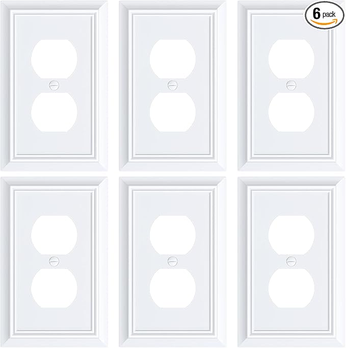 6-Pack Duplex Outlet Cover Plate, Decorative Pure White Switch Plates and Outlet Covers, Natural Bamboo Fiber Wall Plates for Electrical Outlets, 1 Gang Receptacle Cover, Corrosion Resistant