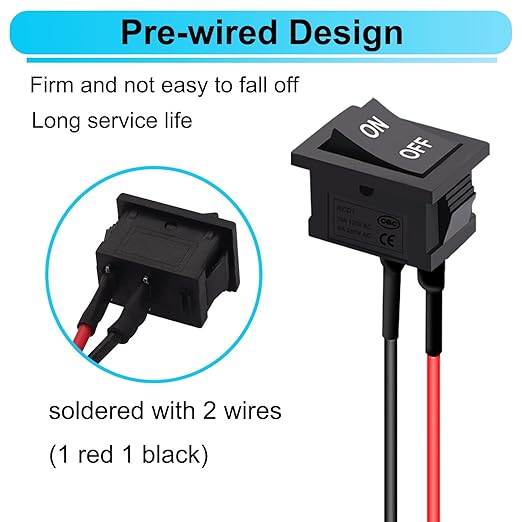 TWTADE 5PCS Latching Rocker Switch ON/Off 2 Pin 2 Position SPST Car Auto Boat Square Rocker Toggle Switch with Pre-Wired AC 10A/125V 6A/250V