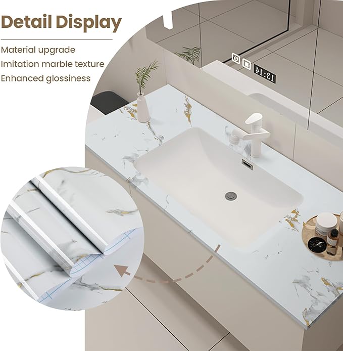 practicalWs Glossy Marble Wallpaper Peel and Stick White/Gold Granite Contact Paper Removable Wall Paper for Kitchen Countertop Cabinet Furniture 11.8" x 78.7"
