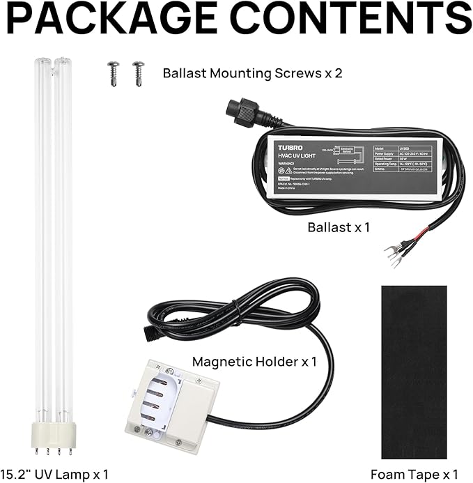 TURBRO AC 100-240V 36W HVAC UV Light Kit for Ducted Coil Systems, ETL&CARB Certified, Comes with a 15.2 in 4-Pin 2G11 Base Lamp, Magnetic Holder, and a Ballast, for Cleaning Air and AC Systems, UV36D