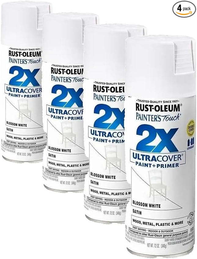 Rust-Oleum 346950 Painter's Touch 2X Ultra Cover Spray Paint, 12 oz, Satin Blossom White (Pack of 4)