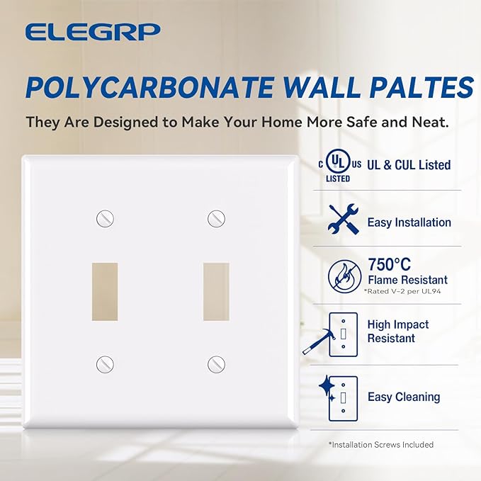 ELEGRP 2-Gang Toggle Switch Wall Plates, Standard Size 4.53" height x 4.57" length Unbreakable Thermoplastic Faceplate Cover for Toggle Dimmer Light Switches, UL Listed (1 Pack, Glossy White)