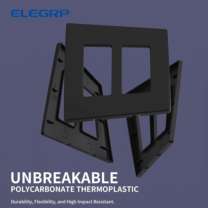ELEGRP 2-Gang Screwless Decorative Wall Plates, Mid-Size 4.88" height x 4.94" length Unbreakable Thermoplastic Faceplate Cover for Decorator Receptacle Outlet & Switch, UL Listed (1 Pack, Matte Black)