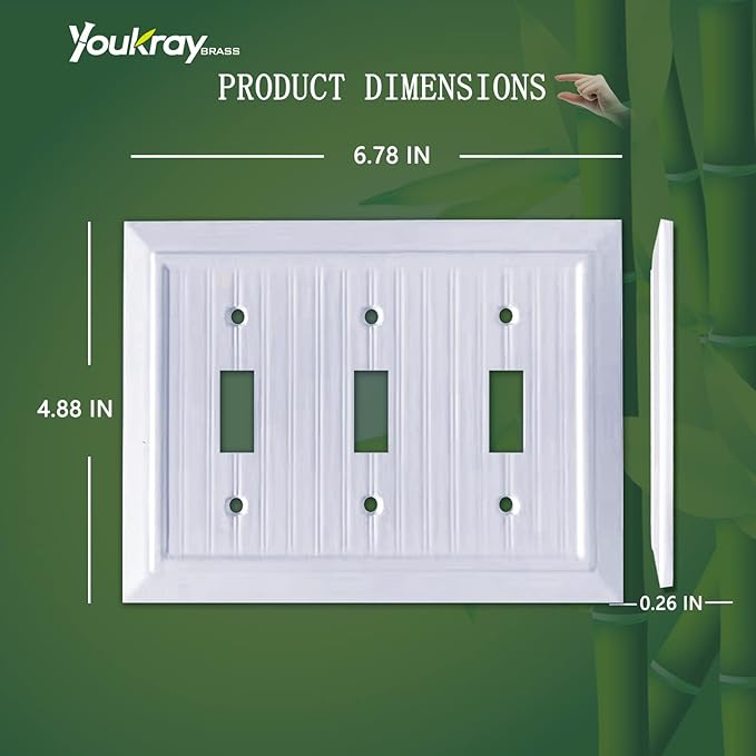 Pure White Classic Beadboard Wall Plates,Light Switch Covers,Electrical Outlet Covers, Switch Plates of Various Combination, Nature Bamboo Fiber Wall plate (3 Gang Toggle 1 Pack)