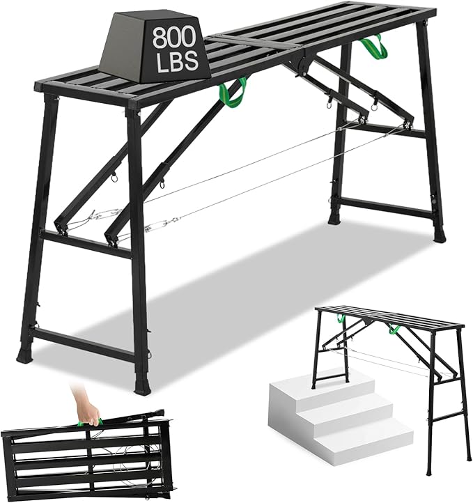 Foldable Scaffolding Platform 70.8 x 15.8 in Portable Work Platform Adjustable Height 35.4" to 57.5" Heavy Duty 800 lbs Capacity Industrial Ladder for Painting, Wiring, Home Improvement