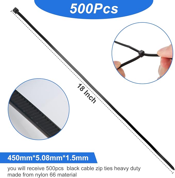 Shappy 500 Pack Long Zip Ties Heavy Duty, Ultra Exclusive Strong Cable Ties Large Industrial Electrical for Indoor Outdoor Plastic Wraps(Black,18 Inch)