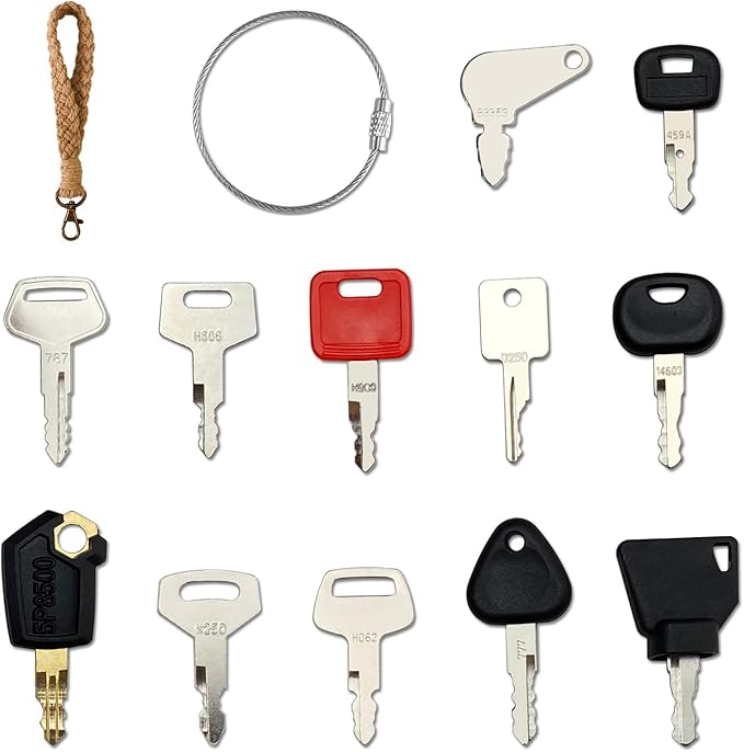 12 Heavy Construction Equipment Ignition Key Set for Caterpillar Case JD Hyster Komatsu Hitachi JCB Takeuchi Kubota Hyundai Kobelco Volvo, Comes with Keychain, Wrist Strap