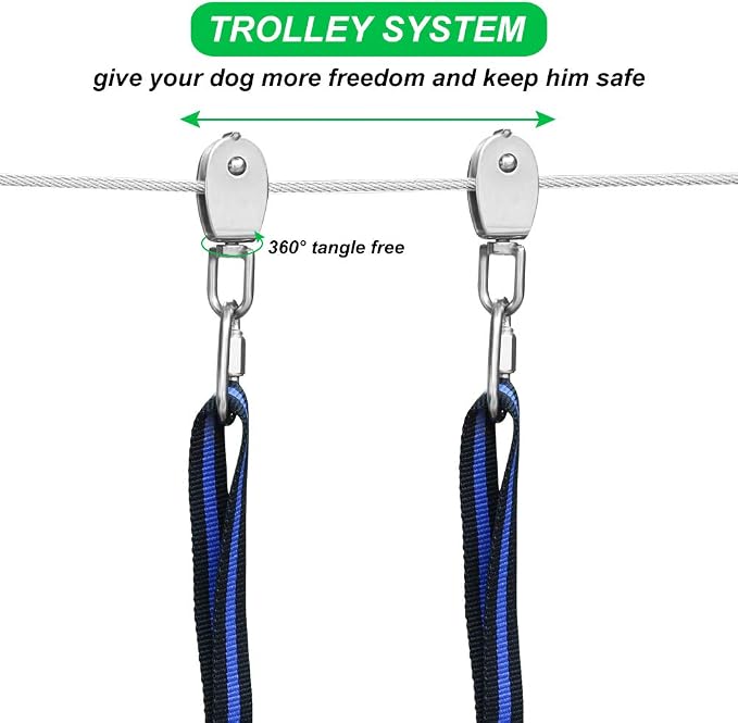 XiaZ Dog Tie Out Cable, 100ft Dog Trolley Runner Cable for Dogs up to 250lbs, Pet Lead for Yard, Camping, Outdoor, with 8 Ft Nylon Bungee Runner, Cable Sling to Protect Trees