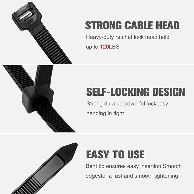 Zip Ties 12 inch ，Heavy Duty Cable Ties with 120 Pounds Tensile Strength，Black Zip Ties，100 Pack, Wire Ties for Indoor and Outdoor Use.