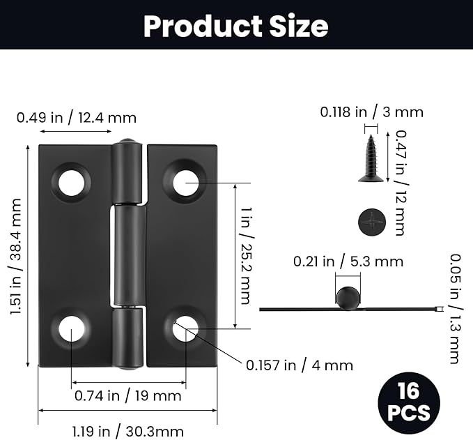 16Pcs 1.5 Inch Door Hinge, Stainless Steel Folding Butt Hinges with Mounting Screws for Cabinets, Furniture, Outdoor Windows, Crafts (Black)
