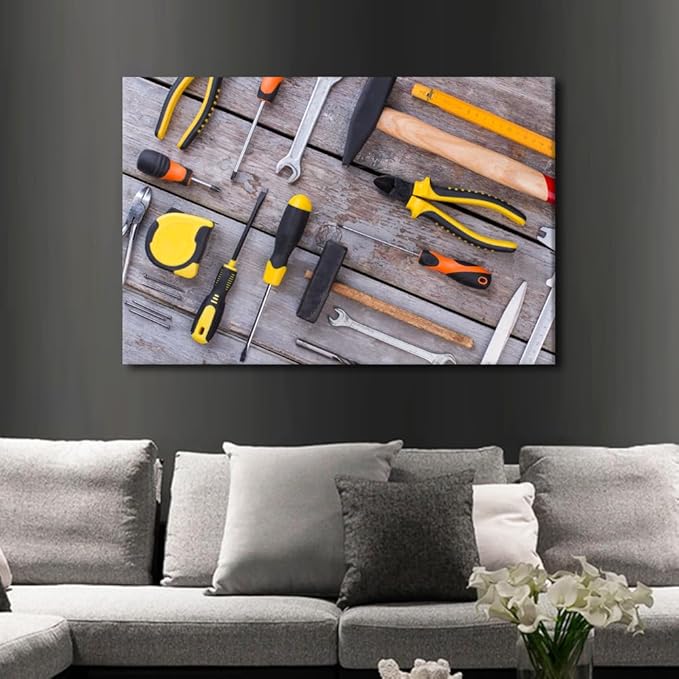 Large Wall Art for Living Room Wrench Tape Measure Tape Glove Picture Various Tools for Working in the Workshop Poster Canvas Supermarket Hotel Tool Room Hardware Store Wall Decor 1pcs (24"Wx36"H)