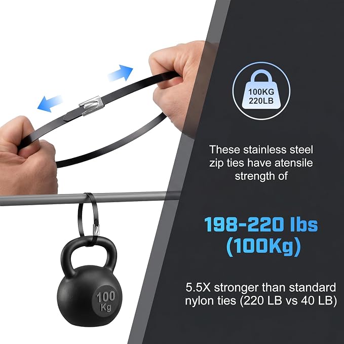 Heavy Duty Metal Zip Ties 100 Pack - 11.8 Inch 304 Stainless Steel Black Cable Ties with 200 LBS Tensile Strength, Multi-Purpose Wire Ties for Exhaust Wrap, Fence, Canopy, Pipes, Outdoor Use