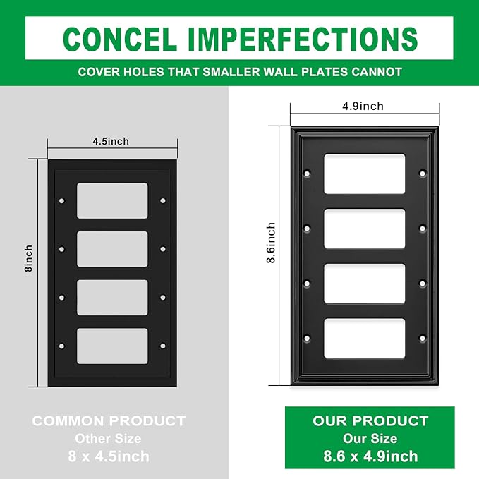 Black Modern Decorative Wall Plate Light Switch Cover Decorator Outlet Covers Rocker Switch Plates Bamboo Fiber Material Wall Plates for Kitchen Bathroom (4 Gang Quad Decorator-1 Pack)