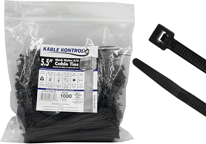 Kable Kontrol Cable Zip Ties 1000 Pcs 5.5 Inch Black, 18 Lbs Tensile Strength, Self-locking UV Resistant Plastic Nylon Wire Ties, for Indoor or Outdoor Use