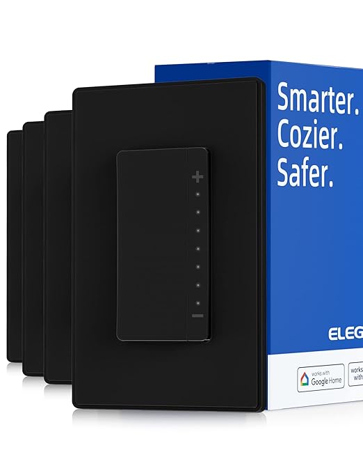 ELEGRP Smart Dimmer Light Switch DPR30, 2.4GHz Wi-Fi Dimmer Switch Compatible with Alexa and Google Assistant, Single Pole/3 Way, Needs Neutral Wire, No Hub Required, UL Listed, Matte Black, 4 Pack