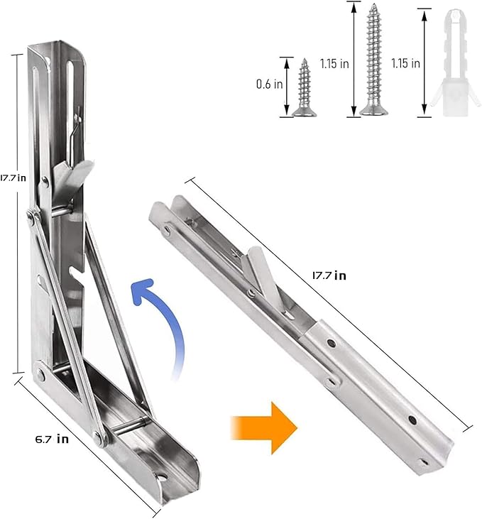 Folding Shelf Brackets 18 inch 4 Pcs Max. Load 440lb - Heavy Duty Stainless Steel DIY Wall Mounted Collapsible Shelf Bracket, Space Saving for Garage Workstation, Stuff Supports, Table, Workbench